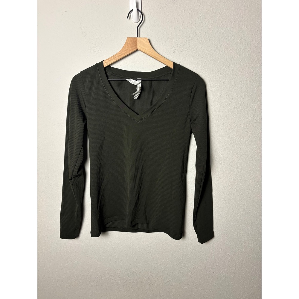 Athleta Renew Seamless V Neck Long Sleeve Tee Green Ribbed Yoga Top Large